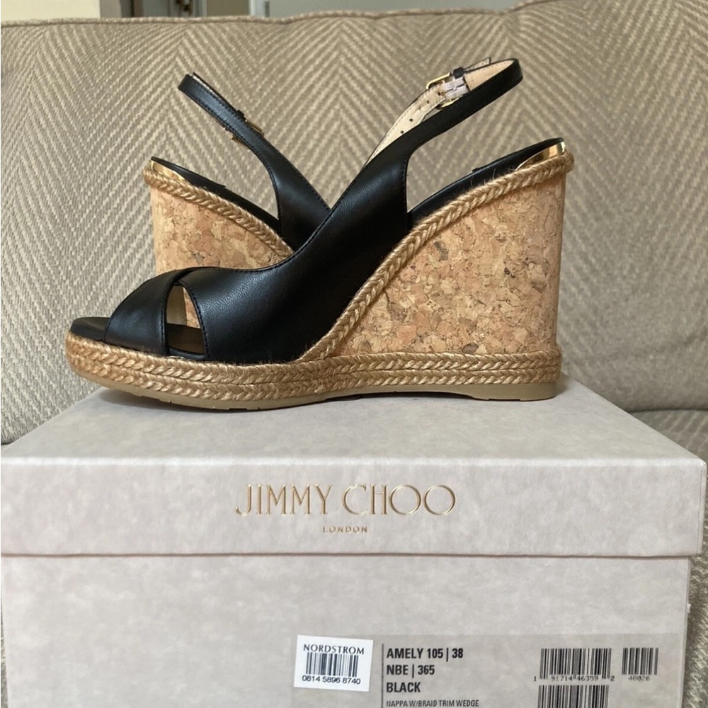 Jimmy Choo Black leather, 105 Amely Cork Wedge With Braid Trim